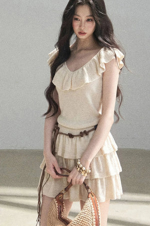 V-Neck Knitted Tiered Dress Set
