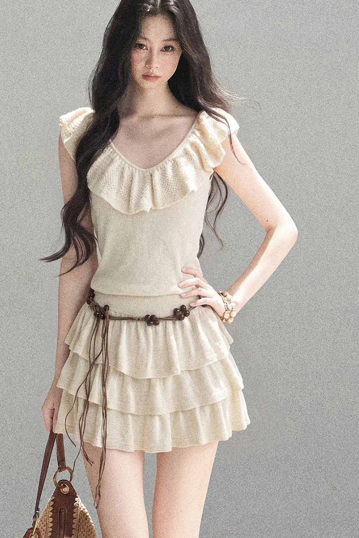 V-Neck Knitted Tiered Dress Set