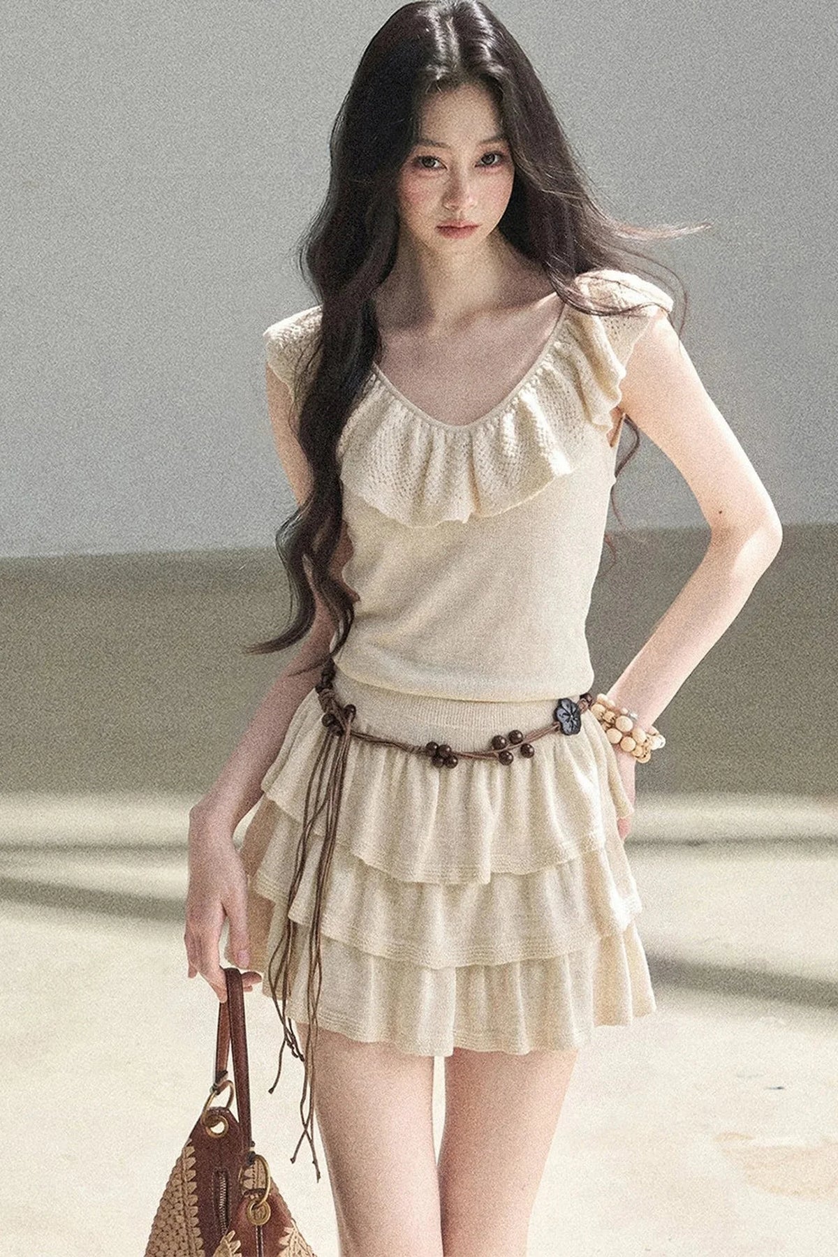 V-Neck Knitted Tiered Dress Set