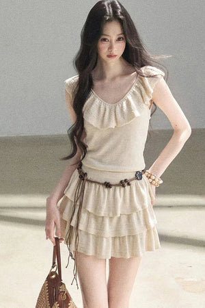 V-Neck Knitted Tiered Dress Set