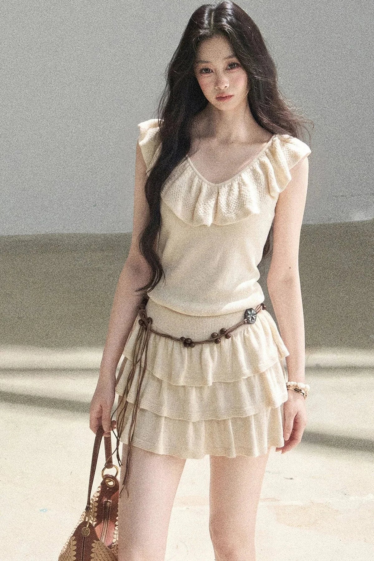V-Neck Knitted Tiered Dress Set