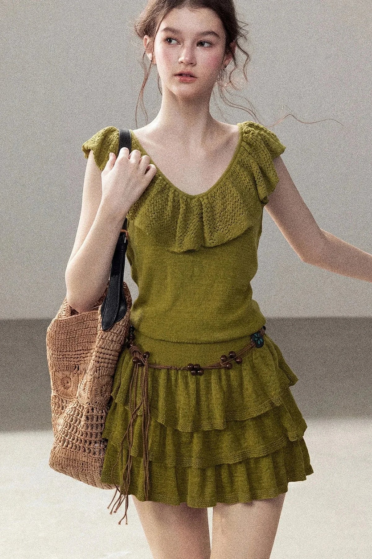 V-Neck Knitted Tiered Dress Set