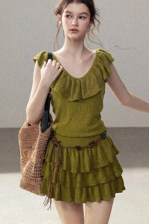 V-Neck Knitted Tiered Dress Set