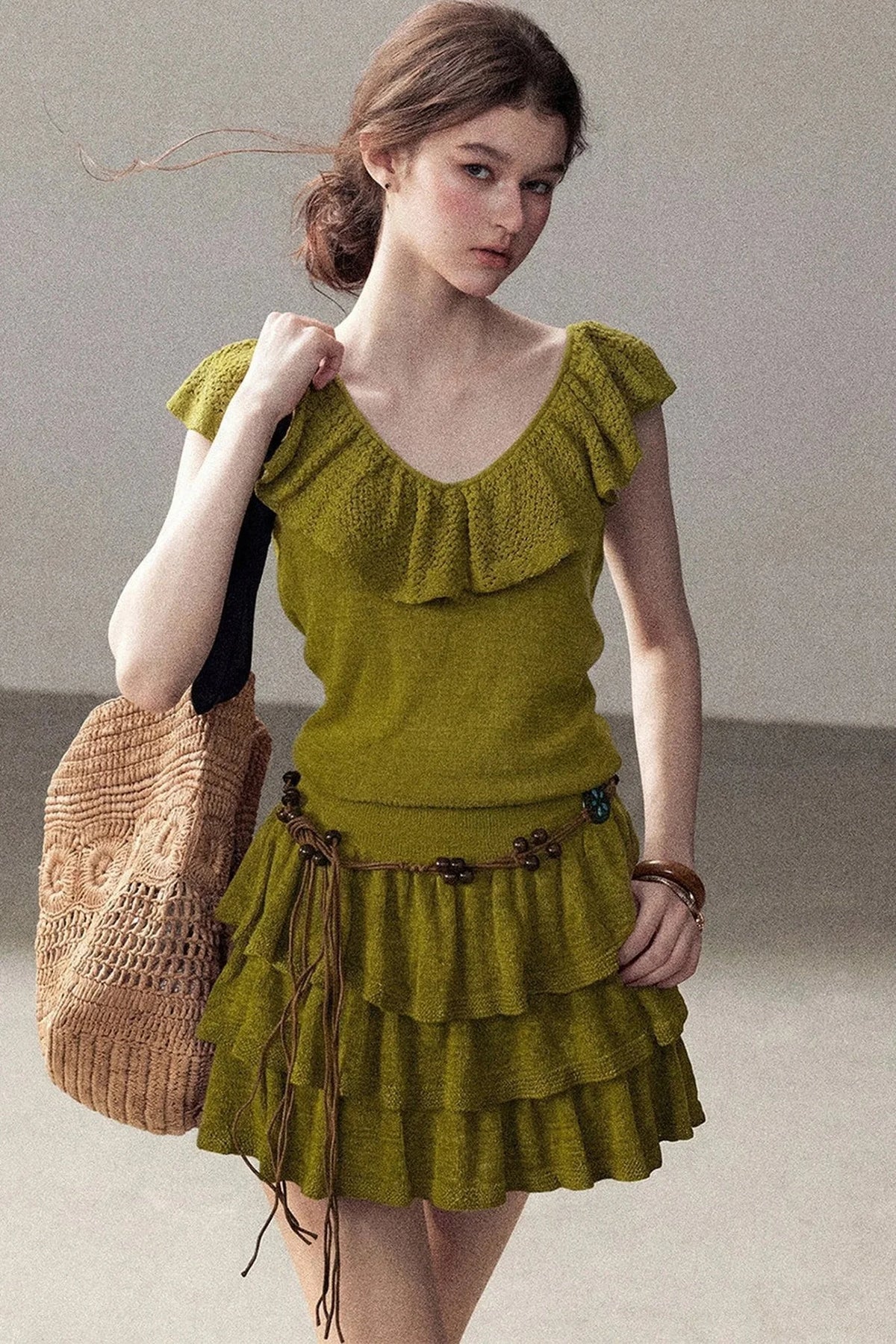 V-Neck Knitted Tiered Dress Set