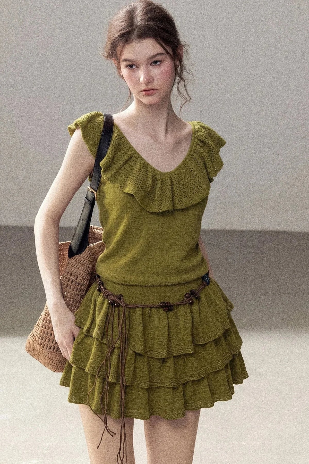 V-Neck Knitted Tiered Dress Set
