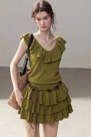 V-Neck Knitted Tiered Dress Set