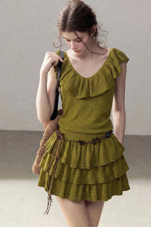 V-Neck Knitted Tiered Dress Set