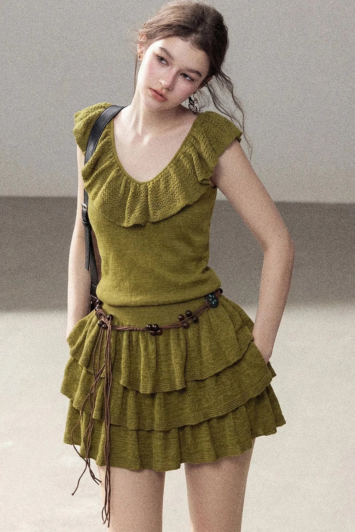 V-Neck Knitted Tiered Dress Set