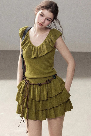 V-Neck Knitted Tiered Dress Set
