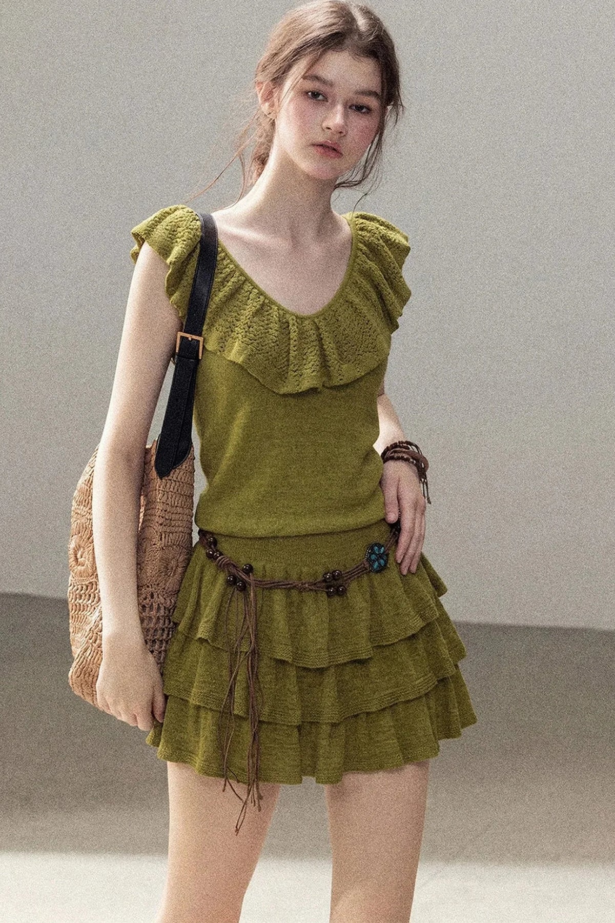 V-Neck Knitted Tiered Dress Set