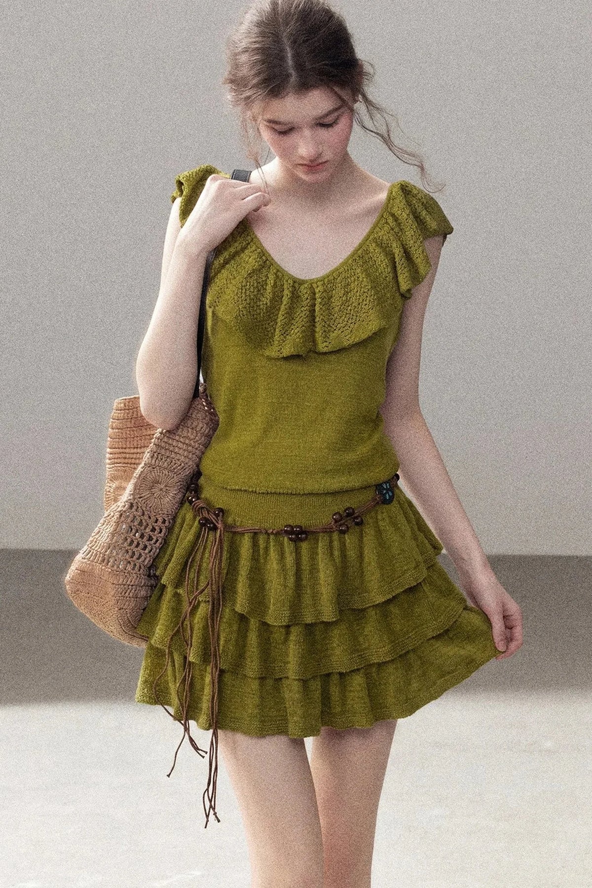 V-Neck Knitted Tiered Dress Set