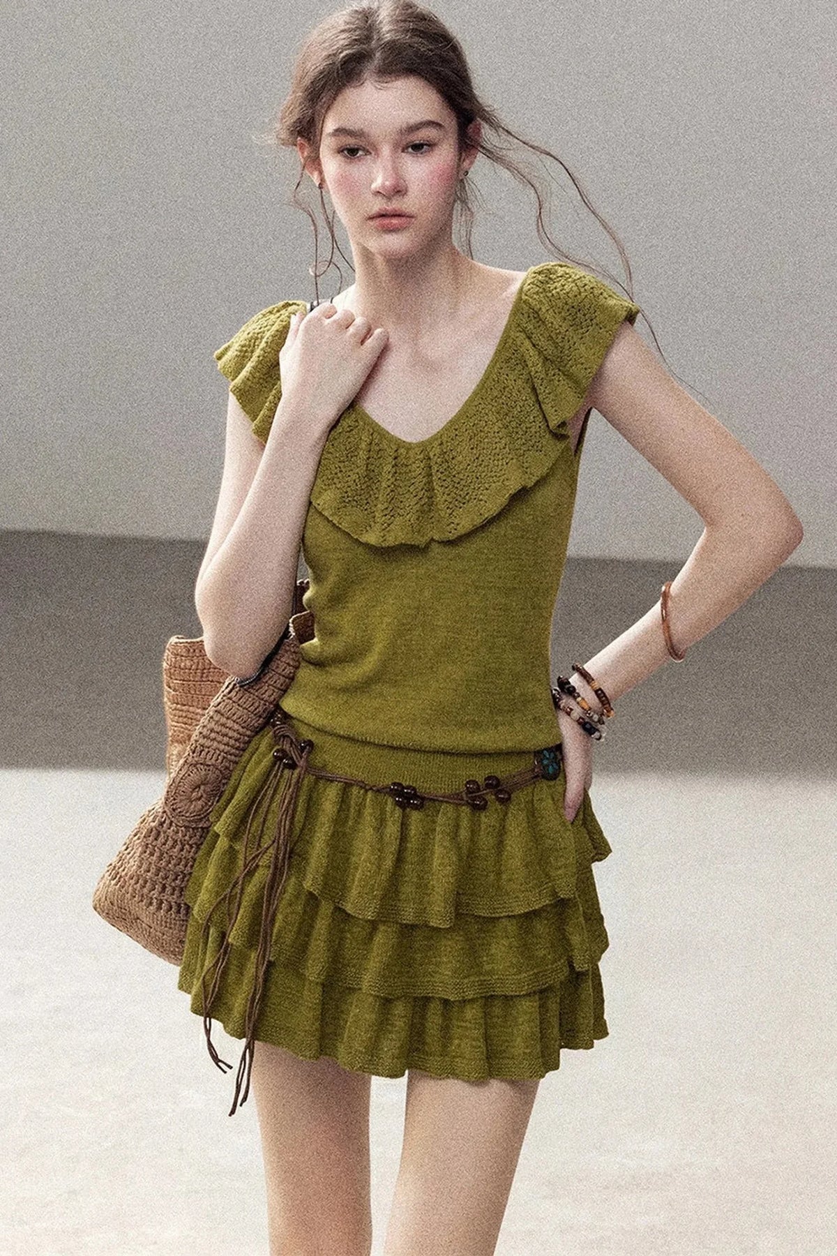 V-Neck Knitted Tiered Dress Set