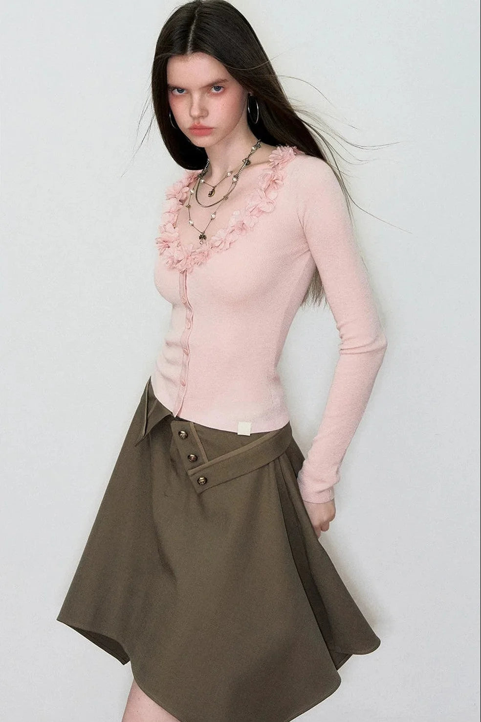 V-Neck Lace Silk Wool Knit Cardigan
