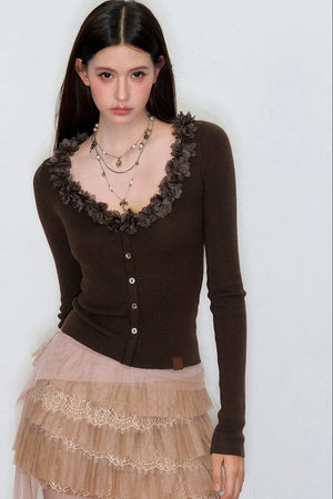 V-Neck Lace Silk Wool Knit Cardigan