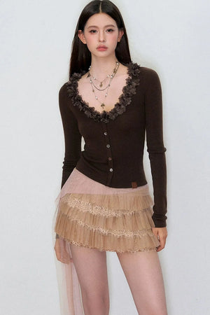 V-Neck Lace Silk Wool Knit Cardigan