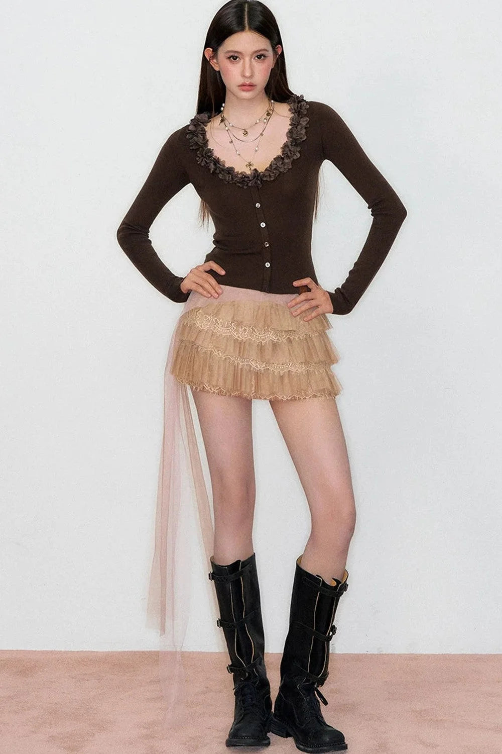 V-Neck Lace Silk Wool Knit Cardigan