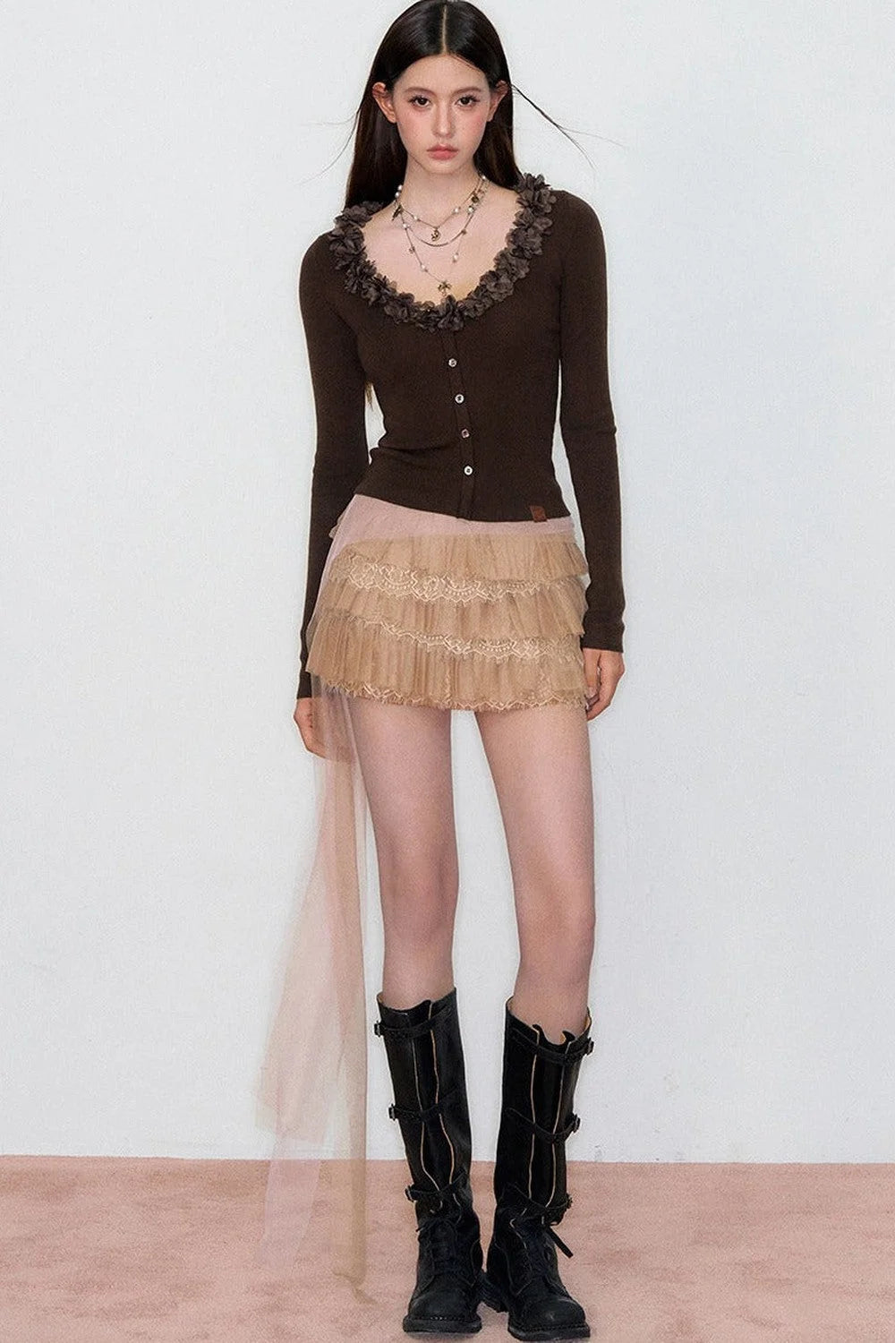 V-Neck Lace Silk Wool Knit Cardigan