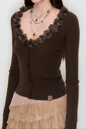 V-Neck Lace Silk Wool Knit Cardigan