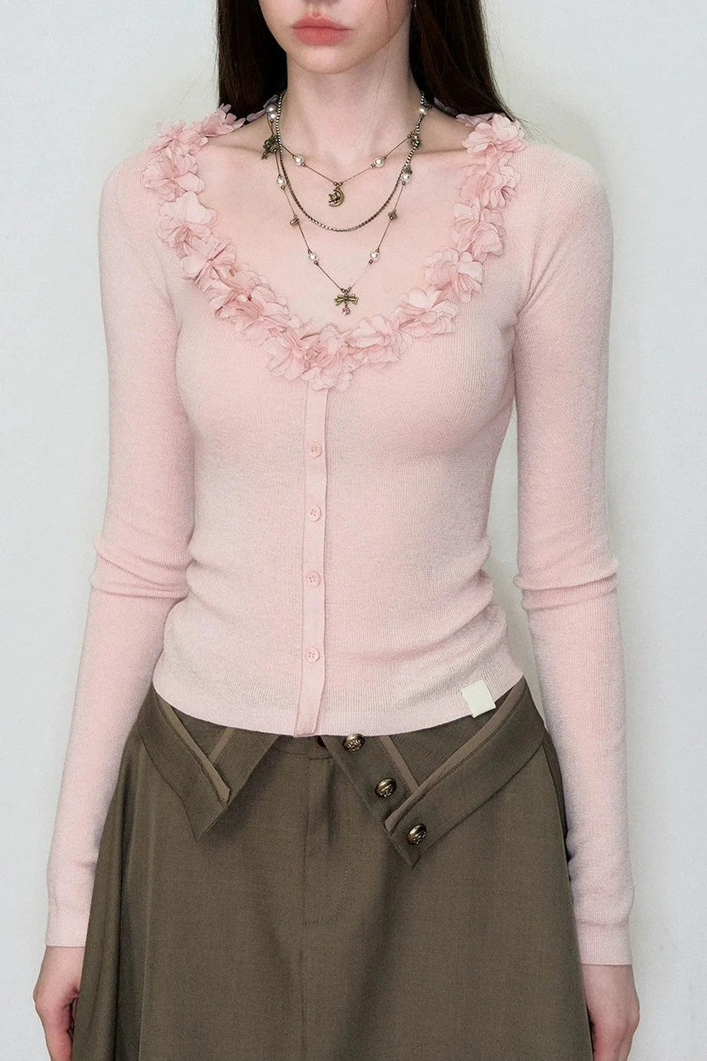 V-Neck Lace Silk Wool Knit Cardigan