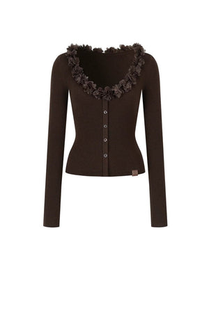 V-Neck Lace Silk Wool Knit Cardigan