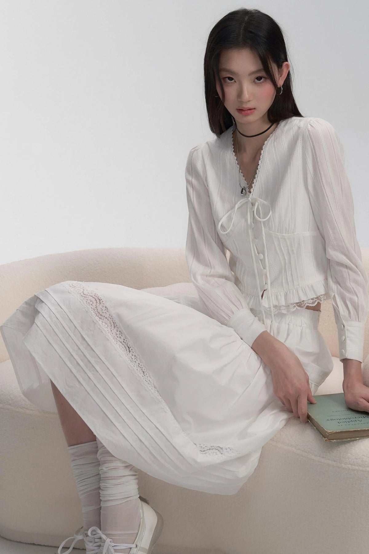 V-Neck Lace Tie Blouse Top