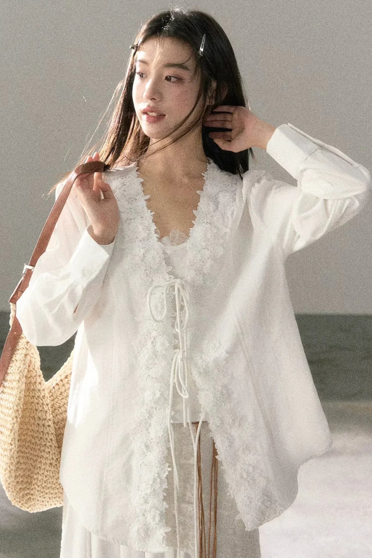V-Neck Lace Tie Cardigan