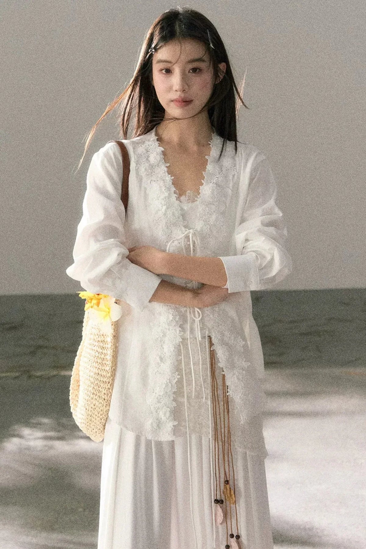 V-Neck Lace Tie Cardigan