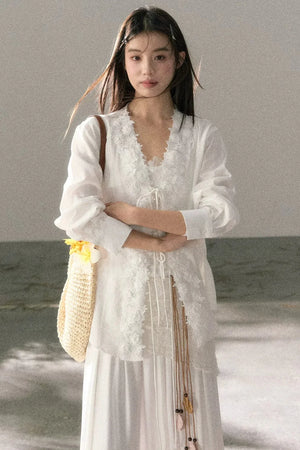 V-Neck Lace Tie Cardigan