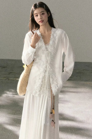 V-Neck Lace Tie Cardigan