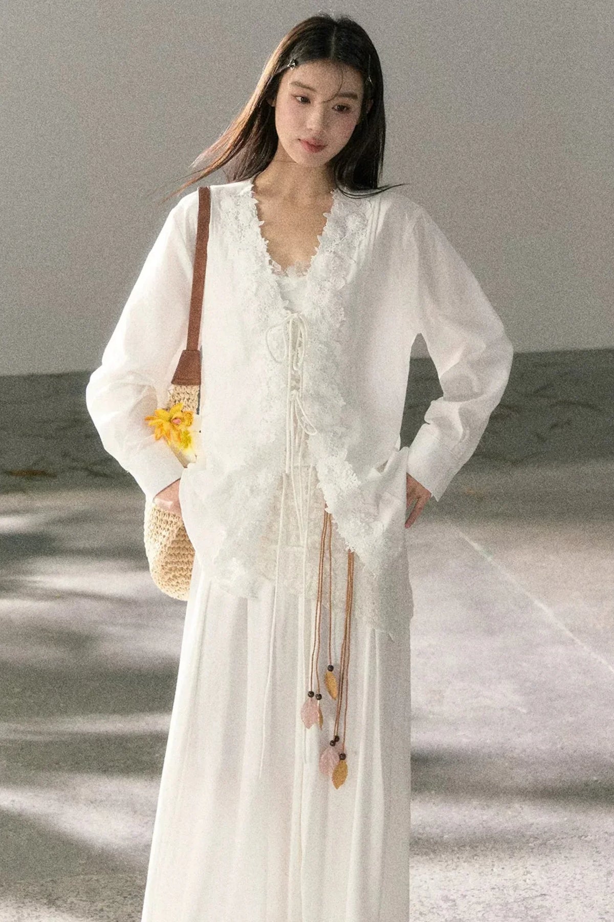 V-Neck Lace Tie Cardigan