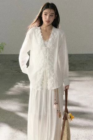 V-Neck Lace Tie Cardigan