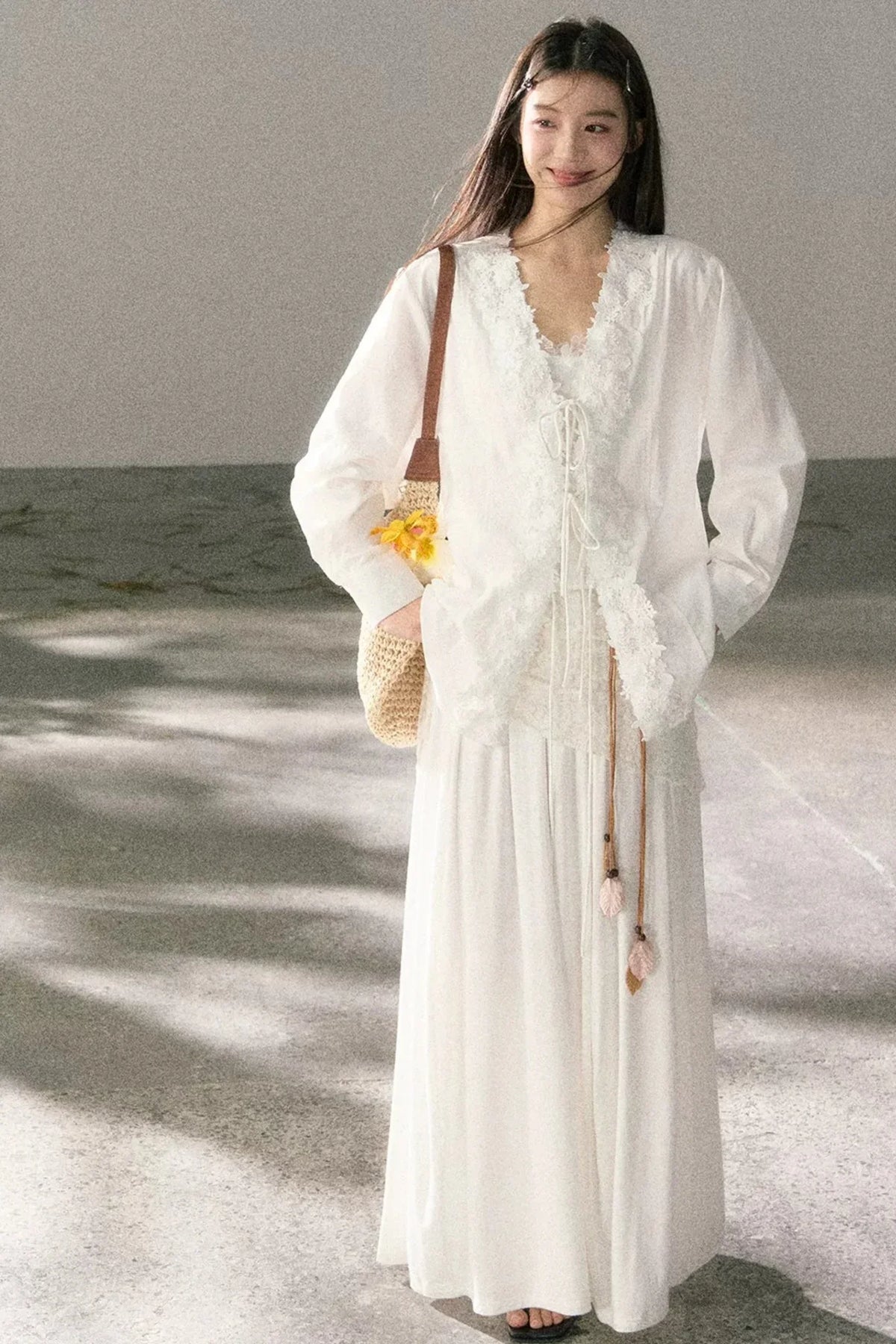 V-Neck Lace Tie Cardigan