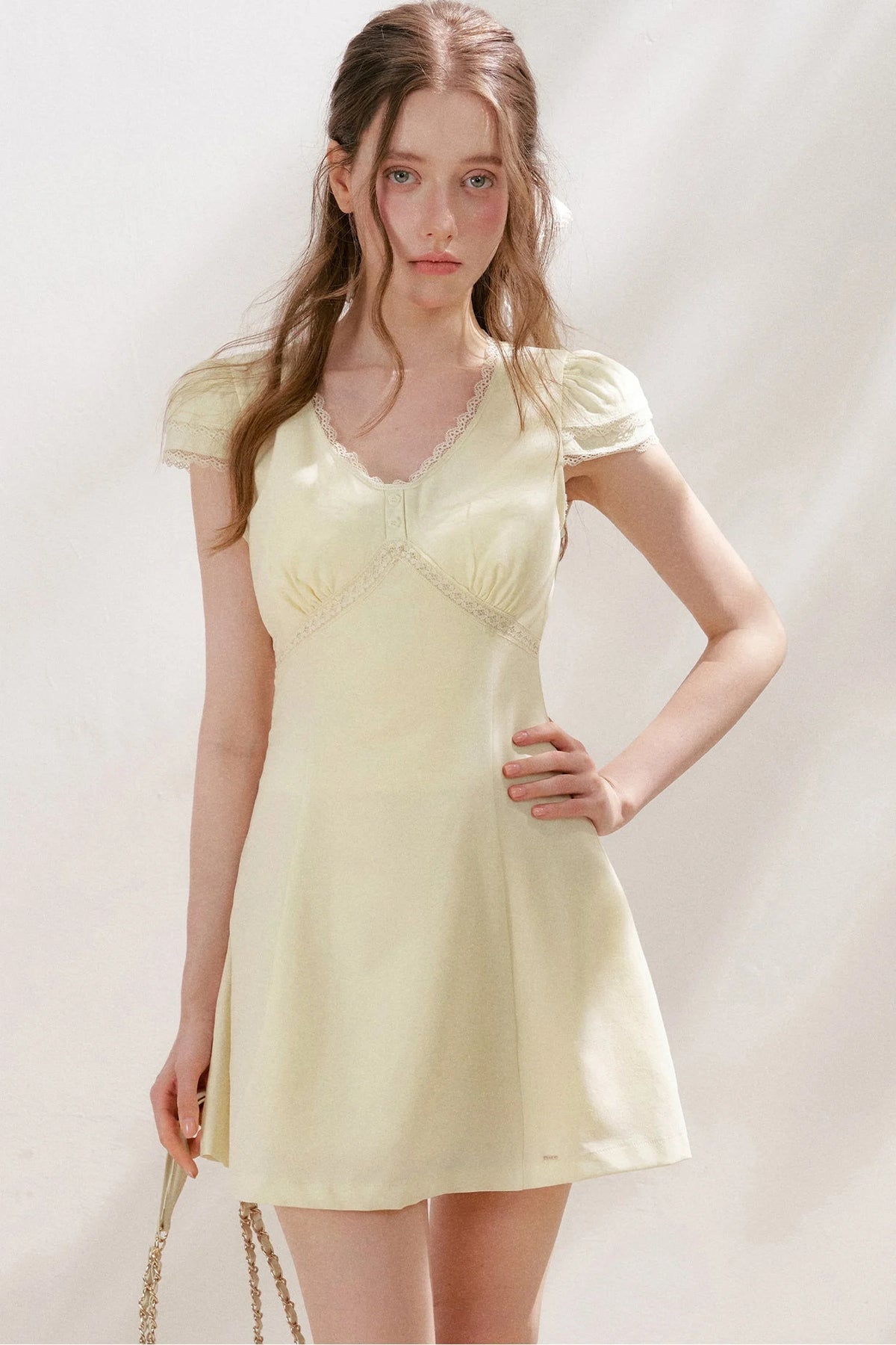 V-Neck Lace Trim A-Line Mini Dress