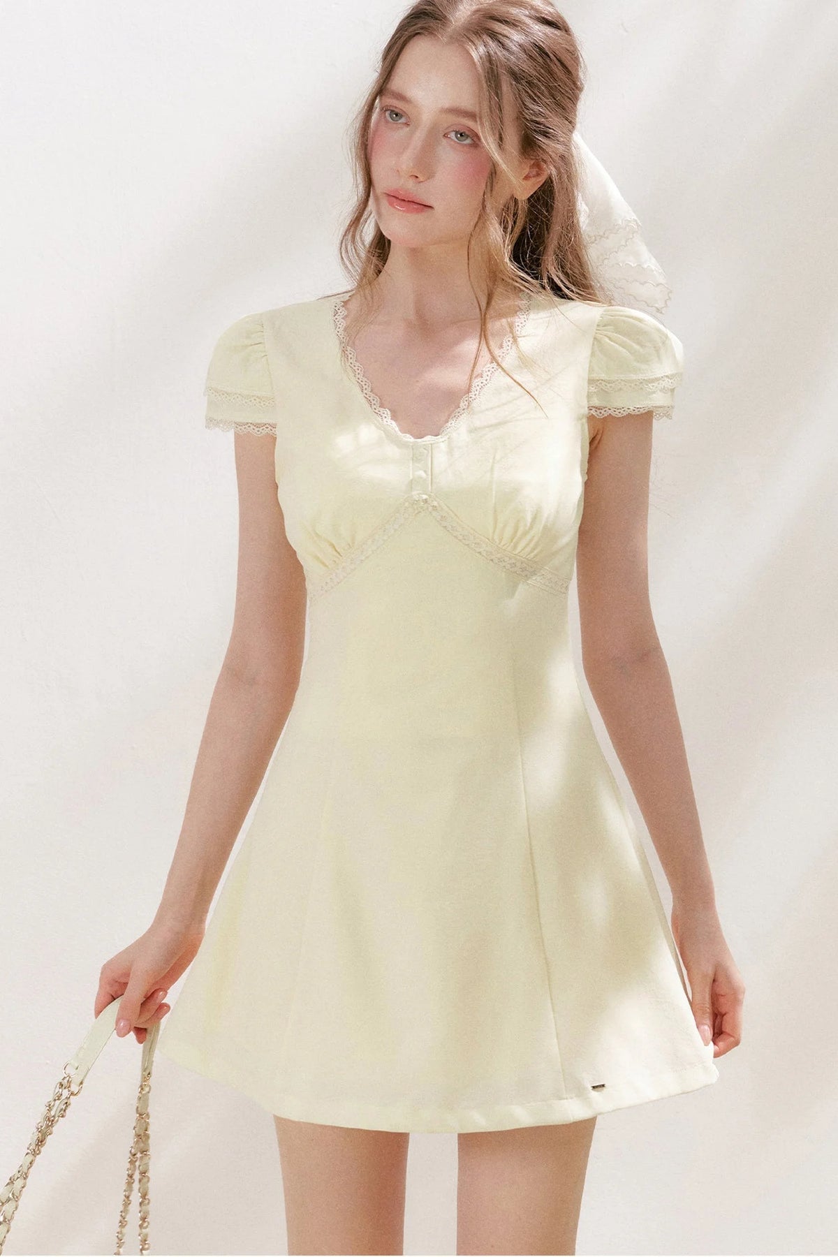 V-Neck Lace Trim A-Line Mini Dress