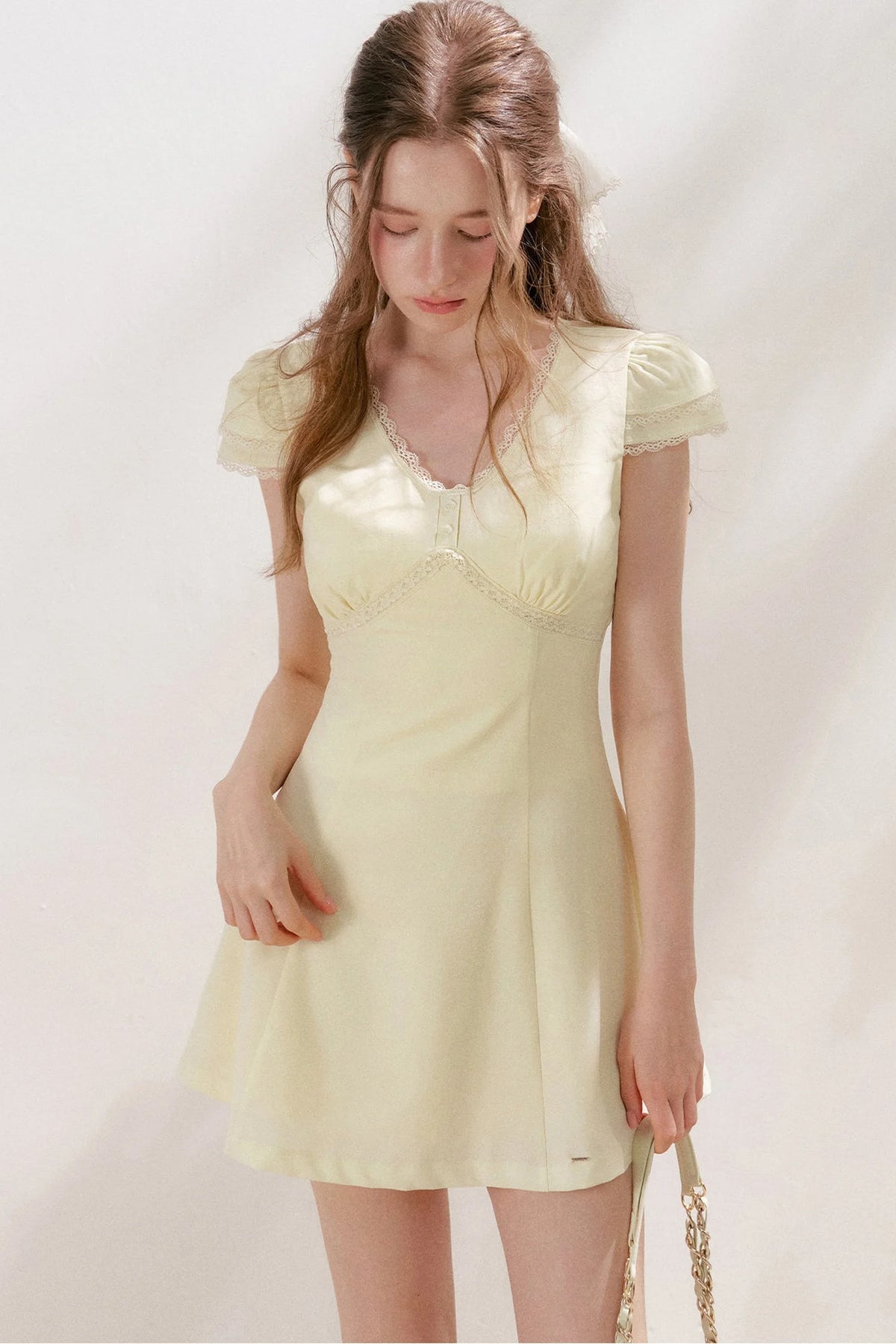 V-Neck Lace Trim A-Line Mini Dress