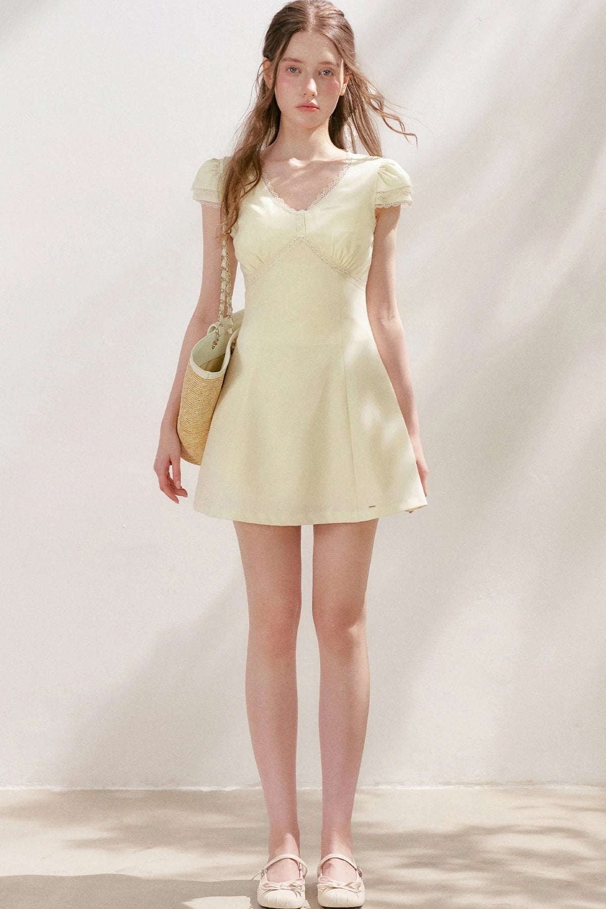 V-Neck Lace Trim A-Line Mini Dress
