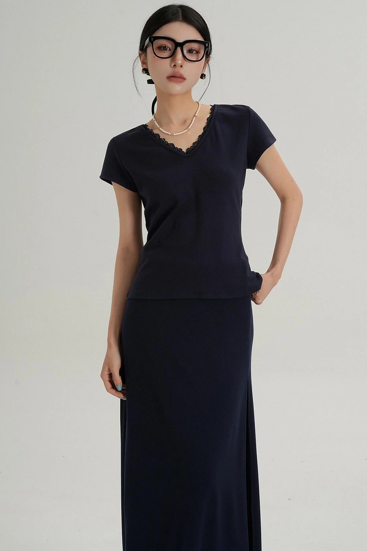 V-Neck Lace Trim T-Shirt