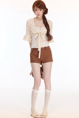 V-Neck Lace-Up Cardigan and Shorts Set-Up