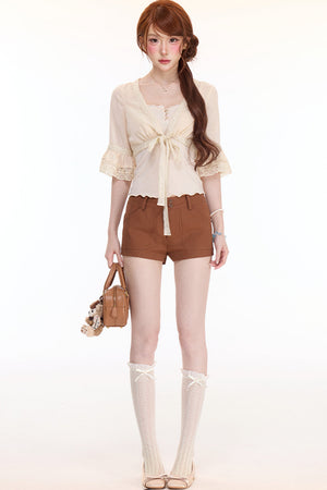 V-Neck Lace-Up Cardigan and Shorts Set-Up
