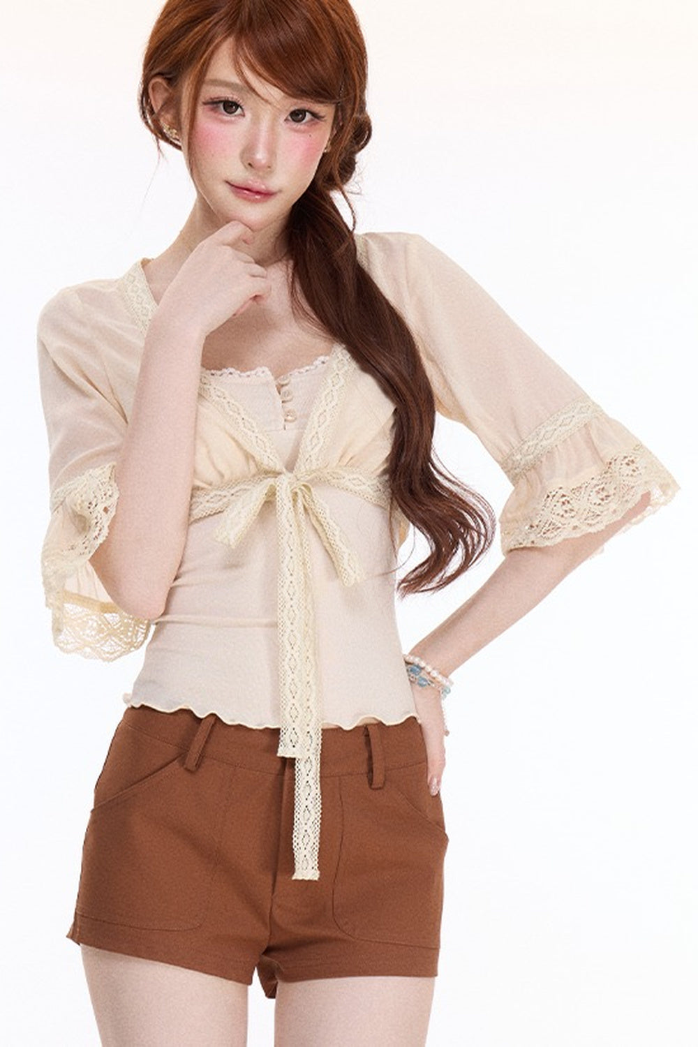 V-Neck Lace-Up Cardigan and Shorts Set-Up