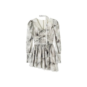 V-neck large floral waist long sleeve dress
