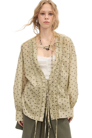 V-Neck Long Sleeve Polka Dot Blouse