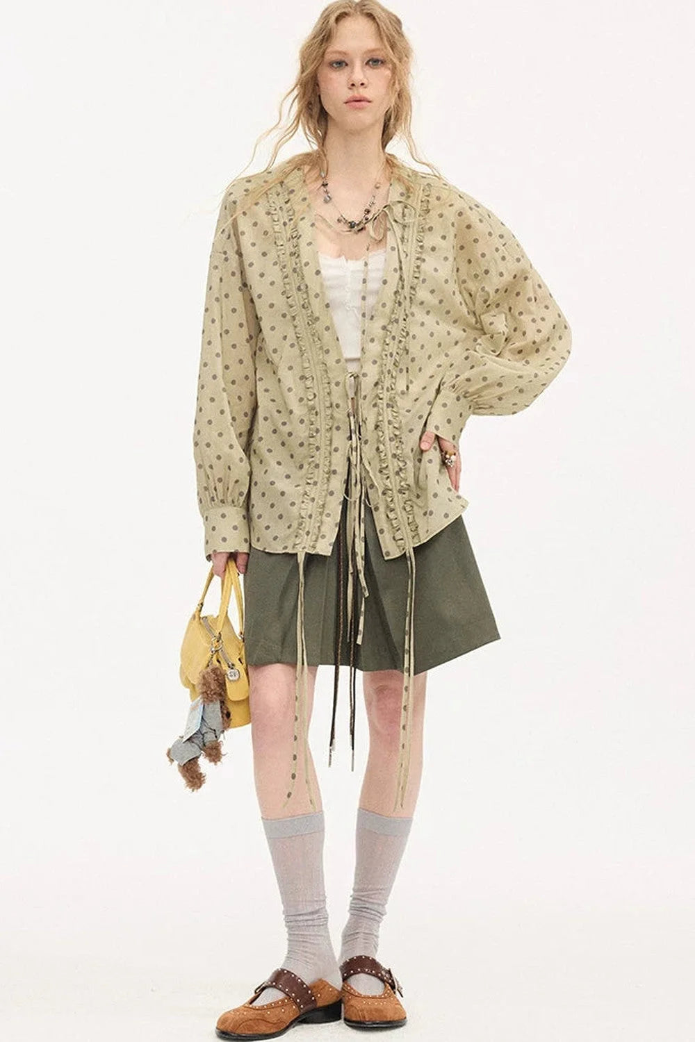 V-Neck Long Sleeve Polka Dot Blouse
