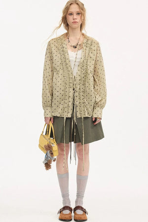 V-Neck Long Sleeve Polka Dot Blouse