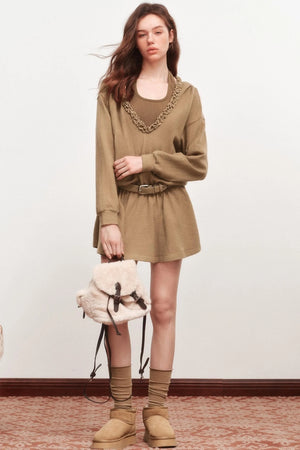 V-Neck Long Sleeve Ruffled Dress