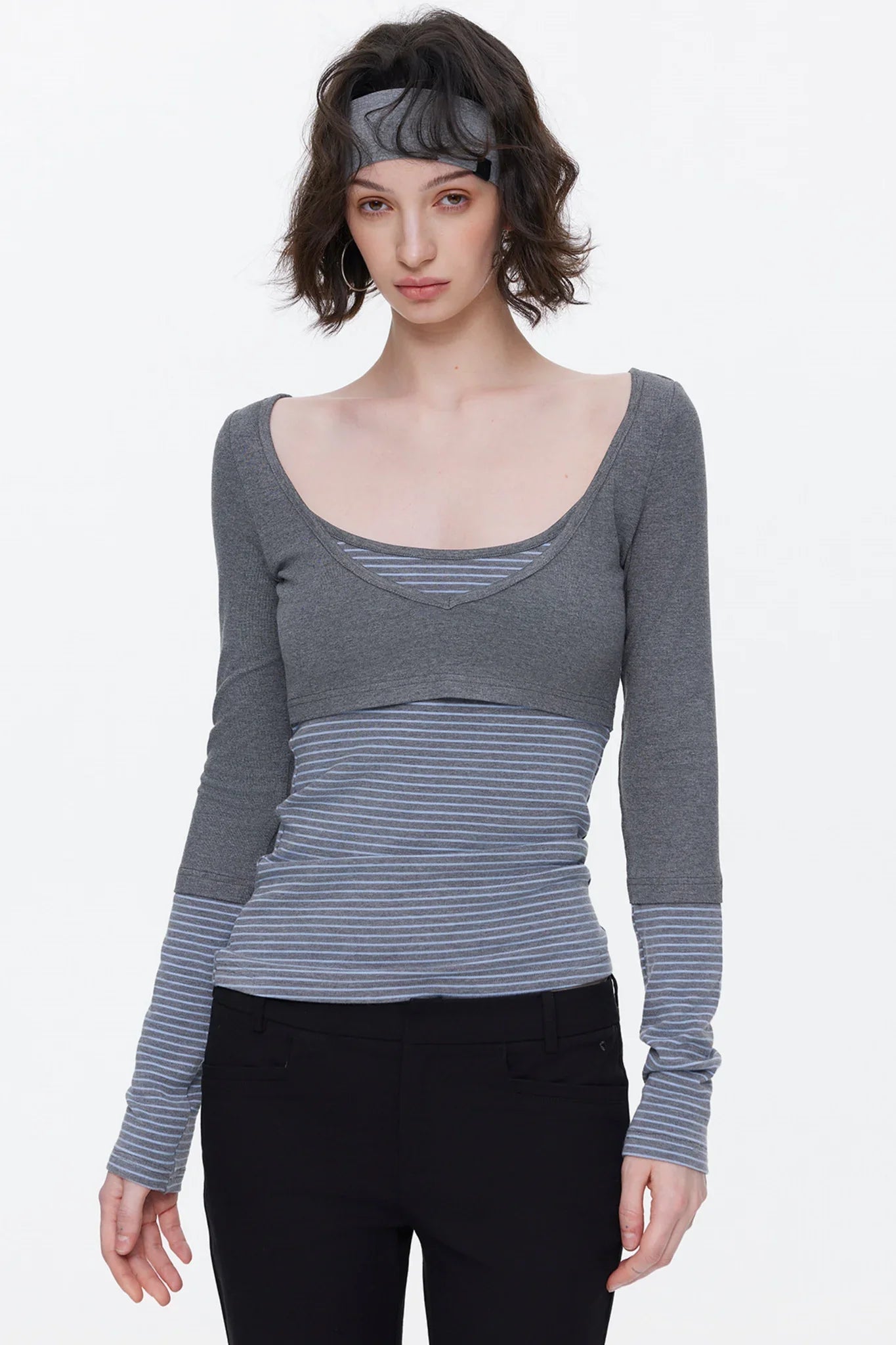 V-Neck Patchwork Striped Top
