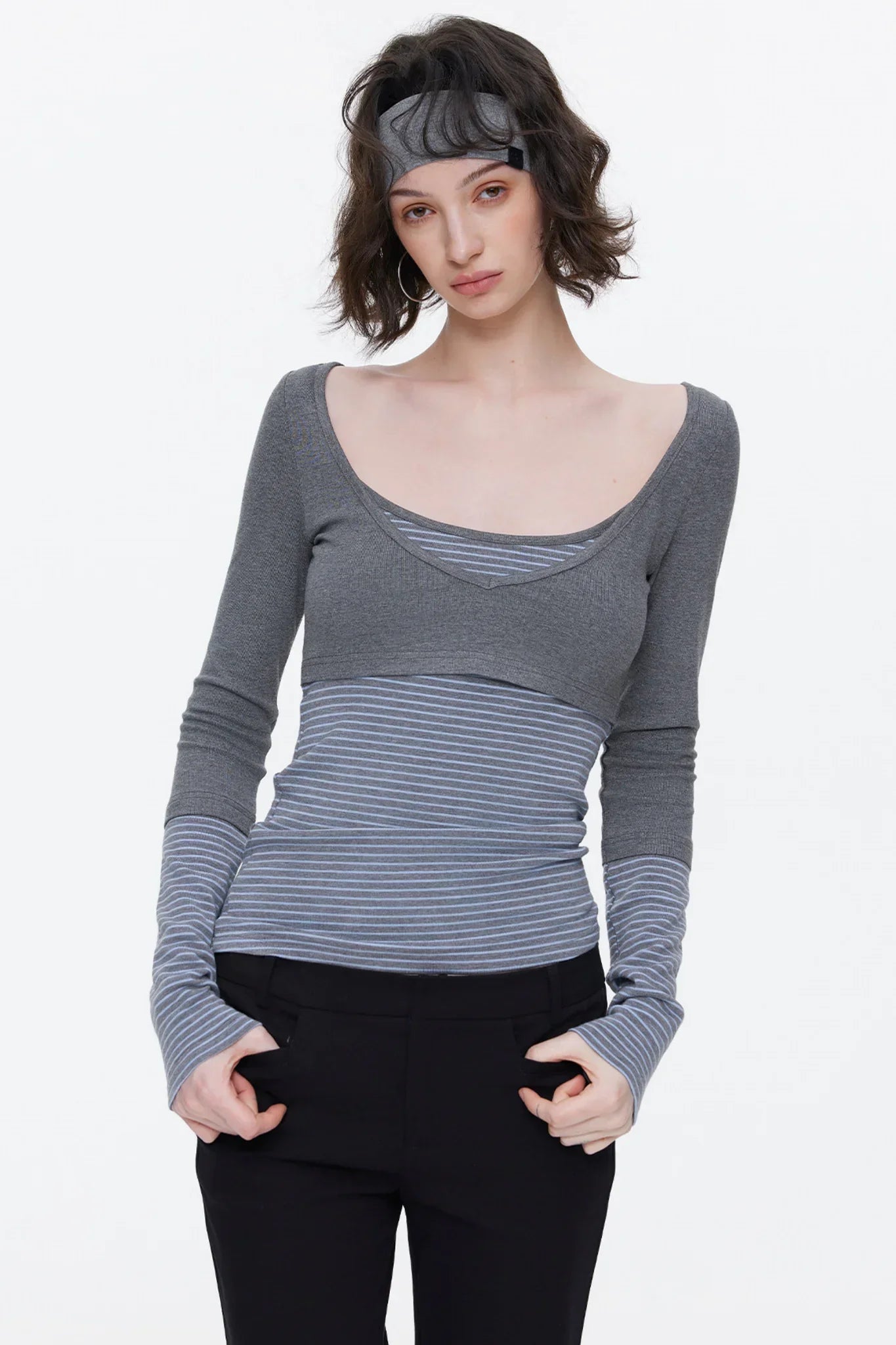 V-Neck Patchwork Striped Top