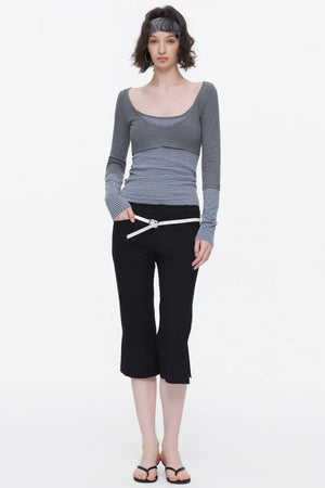V-Neck Patchwork Striped Top