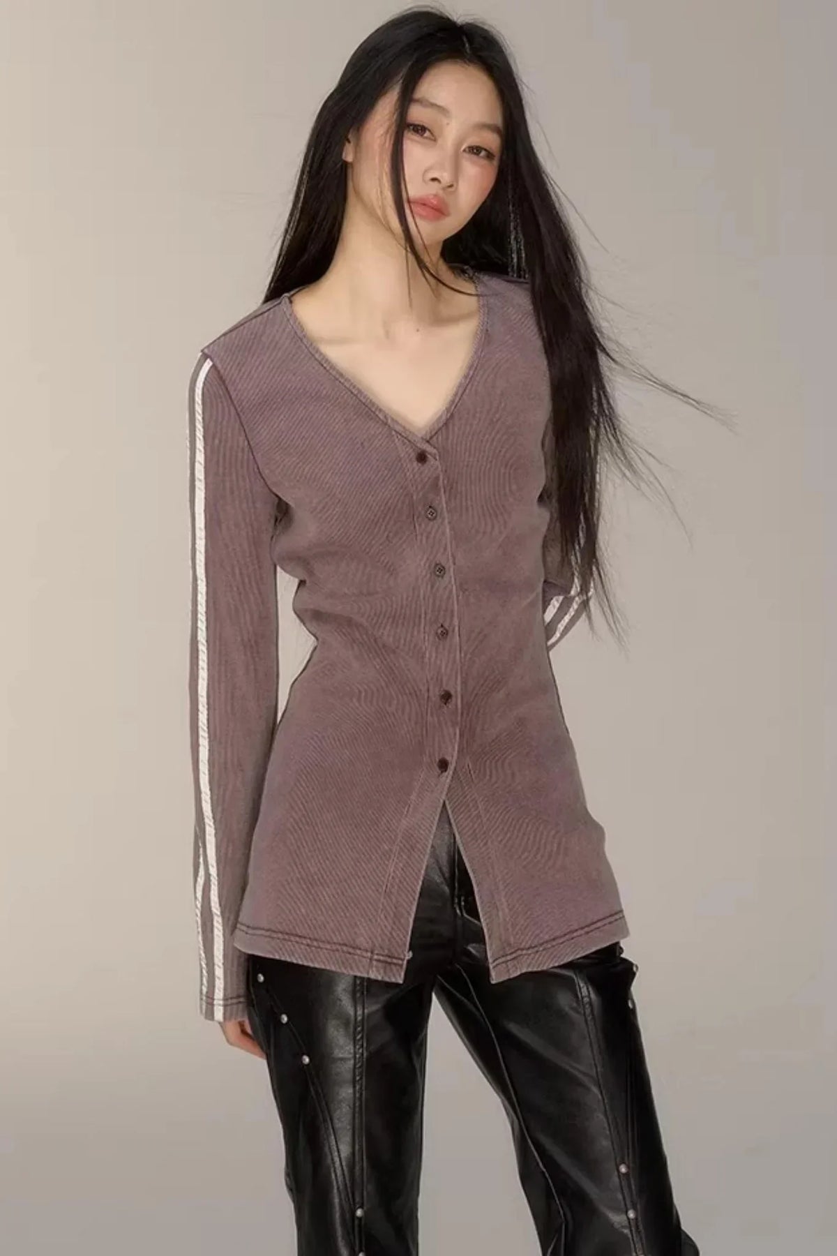 V-Neck Pinstripe Mid-Length Coat Set-Up