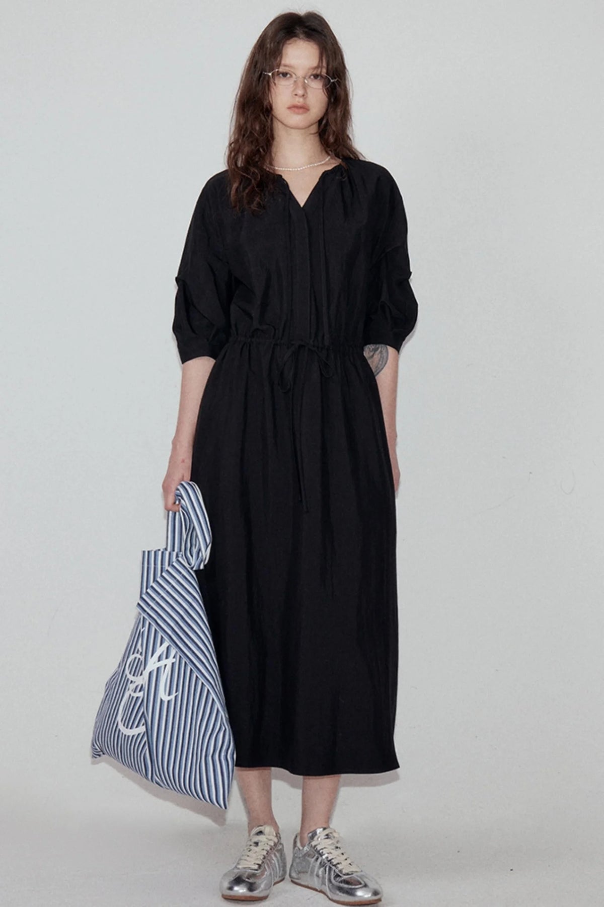 V-Neck Pleated Sleeve Dress